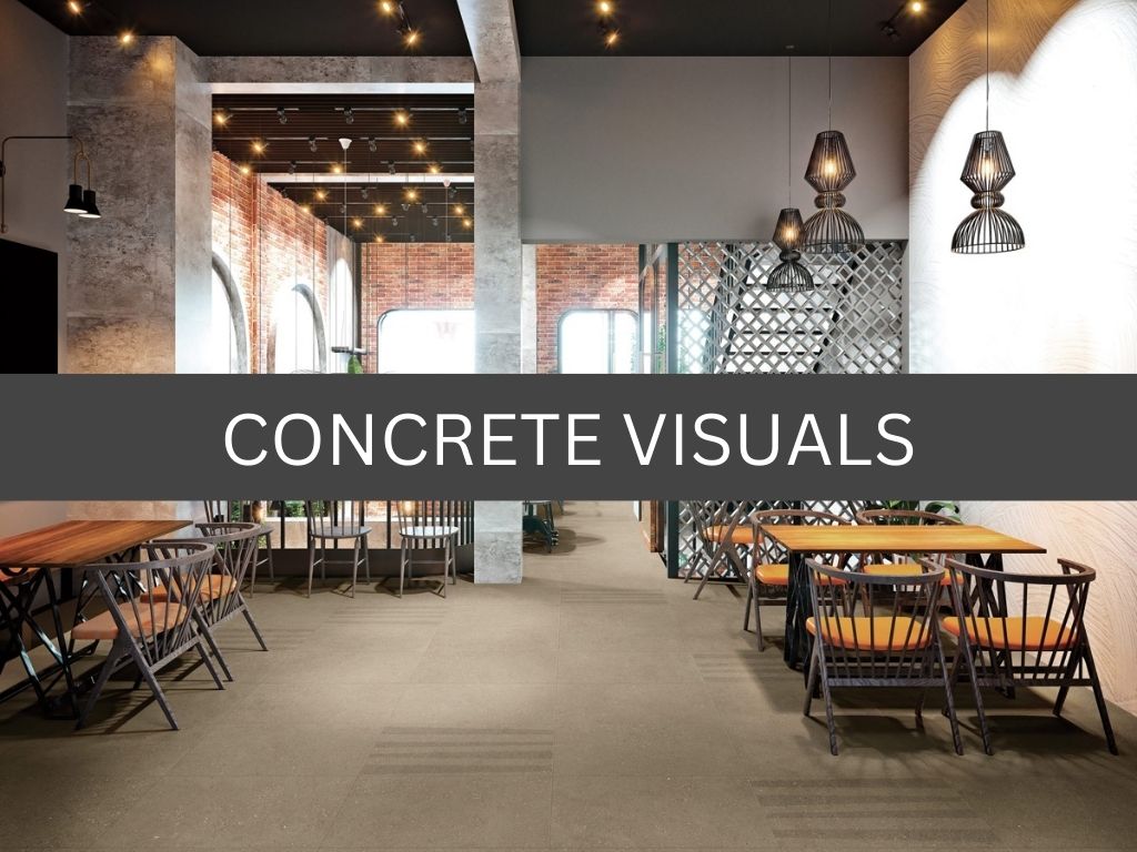 Image shows restaurant setting with Florida Tile Canal Street installed on the floor. Label reads "Concrete Visuals".